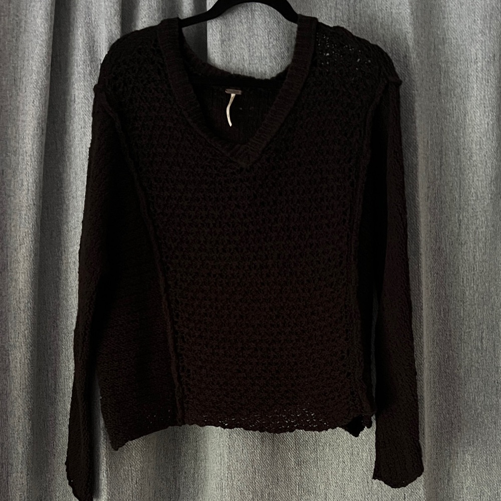 Free People Black Knit V-Neck Sweater